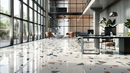 The office space at Luxury Rewritten is a true display of modern luxury with its high ceilings and grand Terrazzo flooring. The large geometric tiles are arranged in a mesmerizing . - obrazy, fototapety, plakaty