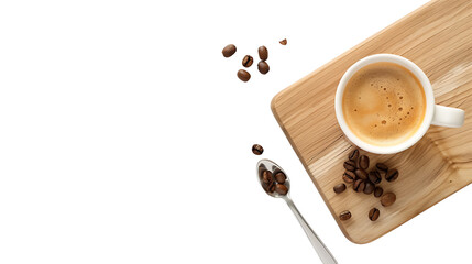 Cup of coffee with beans on a wooden board isolated on a white background