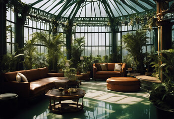 greenhouse spa luxury deco interior hotel art eastern style modern Exotic design pool swimming arboretum futuristic hall table garden - obrazy, fototapety, plakaty