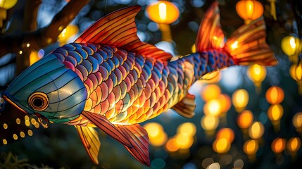 a colorful carp-shaped lantern glowing effect poster background