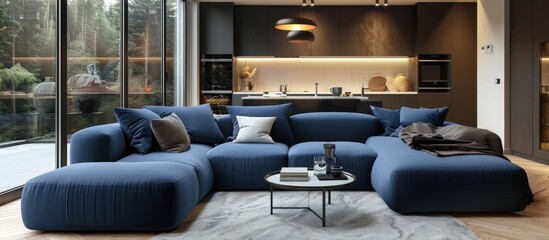 Big, blue, and comfortable corner sofa in a contemporary living room with large windows overlooking a dark kitchen.