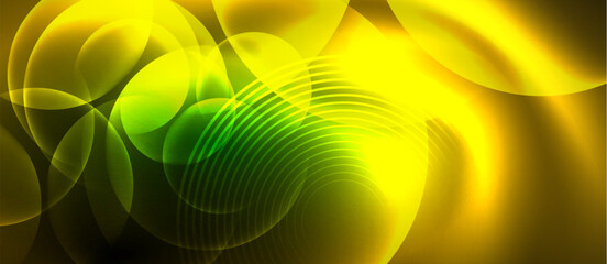 Closeup macro photography of a flowering plants petal on a yellow and green background with glowing circles and lines, showcasing the liquid symmetry in electric blue art