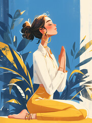 A young woman is doing yoga in nature and in warm sunlight. Minimal concept: colors give a feeling of comfort and relaxation.