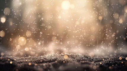 A soft beige and charcoal abstract setting, where bokeh lights suggest the peaceful, muffled ambiance of a snowfall at night. The mood is quiet and introspective. - obrazy, fototapety, plakaty