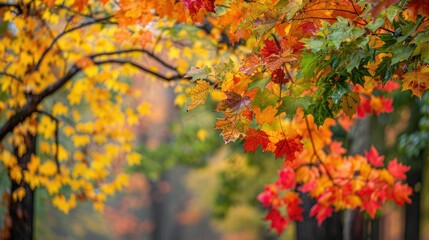 Vibrant hues of green yellow and orange grace the trees in the autumn park creating a beautiful collection of colorful leaves