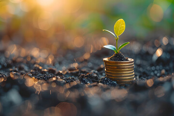A tree growing out of a pile of coins, ESG concept of environmental social and government wealth, life, plants, growth