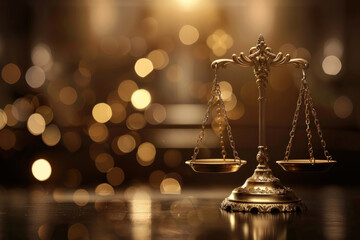 a golden scale of justice on the table against blurred background. symbolizing law and judgment