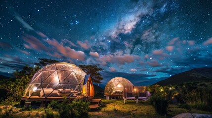 Experience the magic of an Enchanting Night under the Stars in these stunning geodesic domes with sweeping views of the starry skies. 2d flat cartoon.