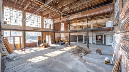 A dilapidated warehouse being transformed into a modern multiuse space representing the physical transformations and adaptive reuse of old buildings in an urban renaissance. .
