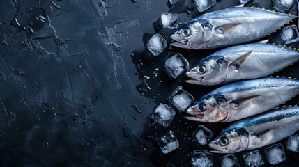top view bunch of fresh tuna fish on ice cubes and black background - Powered by Adobe