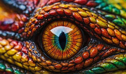 Close-up of Vibrant Dragon Eye. Detailed macro shot of a colorful dragon's eye, capturing the intricate textures and vivid colors