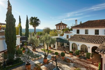 A historic Spanish hacienda surrounded by ancient olive groves and vineyards, with sun-drenched courtyards and terracotta-tiled rooftops, Generative AI - obrazy, fototapety, plakaty