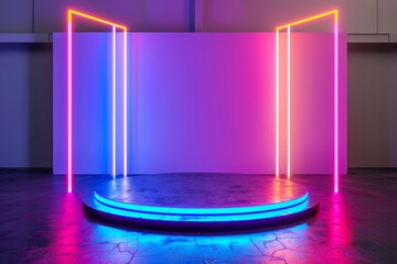 Futuristic display with glowing neon rectangles against a colorful backdrop in a modern gallery - obrazy, fototapety, plakaty