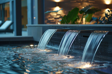 Elegant water features streaming into a pool with ambient lighting in a modern leisure space