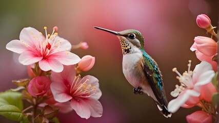 Fototapeta premium A tiny hummingbird sipping nectar from a delicate flower blossom