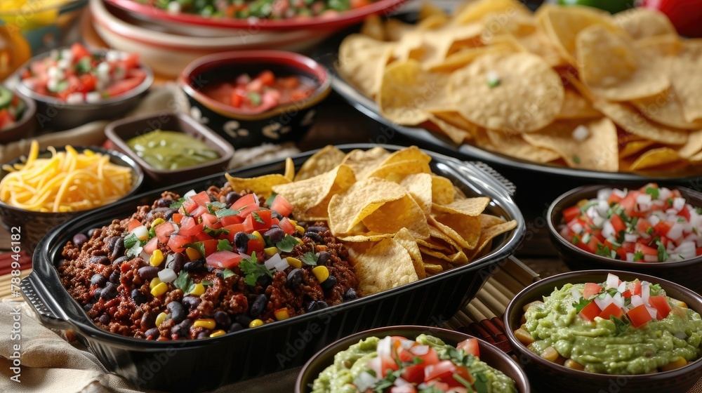 Sticker Experience a vibrant Mexican feast featuring a spread of authentic dishes such as chili con carne zesty tacos refreshing tomato salsa and crispy corn chips served with creamy guacamole