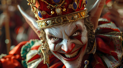 Fototapeta premium Mischievous Jester Demon Swaps King's Crown with Jester's Hat in Palace Prank