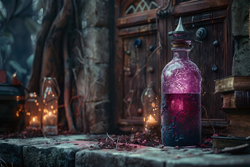 Mystical Alchemical Potion in Vintage Glass Bottle on Rustic Wooden Backdrop