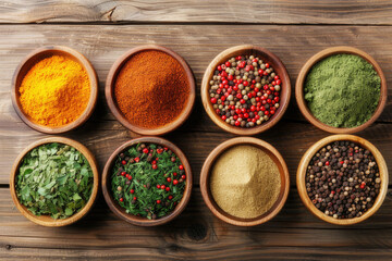 Indian multi-colored spices and seasonings in wooden bowls, on a wooden table, Bright composition, close-up, top view.