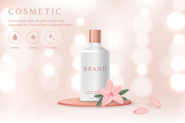Cosmetic product ads template on pink background with flower.