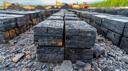 Coal Mining. Freshly Extracted Coal Blocks Stacked in Uninhabited Industrial Yard.