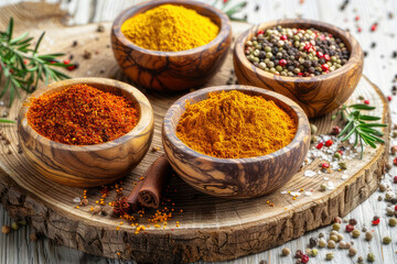 Indian multi-colored spices and seasonings in wooden bowls, on a wooden table, Bright composition, close-up, top view.