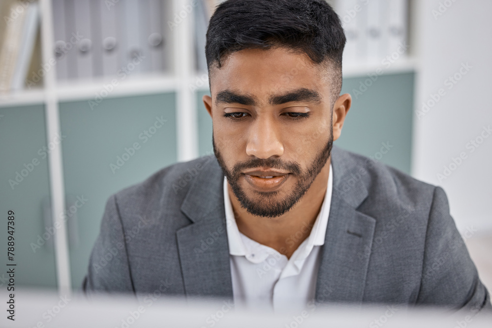 Aufkleber Business man, computer and website in office, planning and online for software development. Male person, networking and coding or programmer in workplace, employee and reading report for research