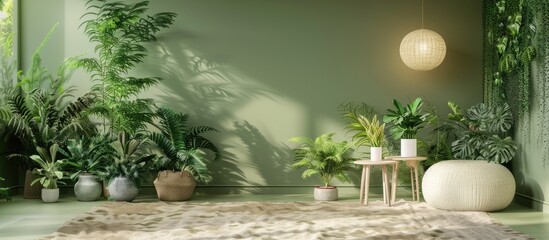 A real photo of a green natural living room interior with a lamp positioned above tables adorned with plants, along with a pouf on the carpet.
