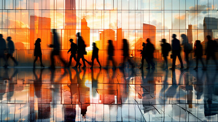 Crowd of people on the street, morning rush hour in the city on weekdays. Silhouettes visible, pedestrians in the city center. people crowd walking commuting in the city, lights and motion blur.  - obrazy, fototapety, plakaty