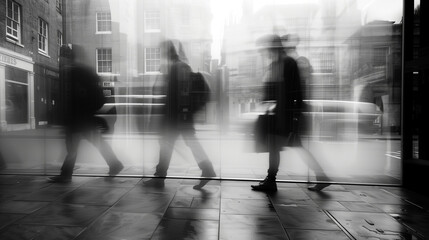 Crowd of people on the street, morning rush hour in the city on weekdays. Silhouettes visible, pedestrians in the city center. people crowd walking commuting in the city, lights and motion blur. 