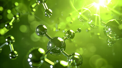 A canvas of electric lime green showcases a series of platinum molecular constructs. Each construct is highlighted with a radiant glow,  - obrazy, fototapety, plakaty