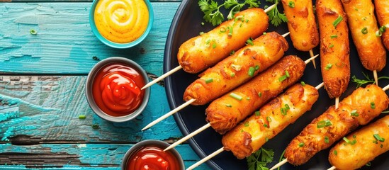 Deep-fried corn dogs with a variety of sauces displayed on a blue wooden table from above, with room for additional text.