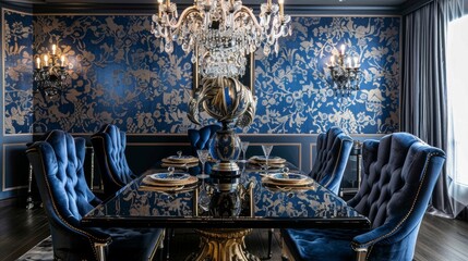 The dining room boasts a dramatic wall covered in a deep navy blue wallpaper featuring a bold damask pattern in gold and black. A stunning crystal chandelier hangs over the intricately .
