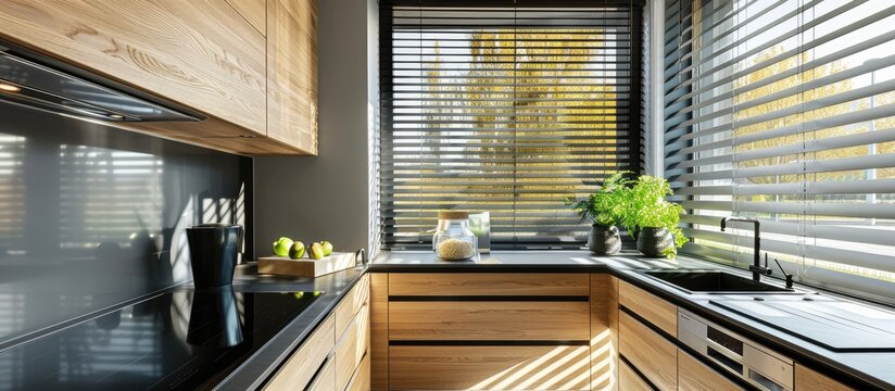 Sleek and sophisticated kitchen featuring black and wooden cabinets and a large window adorned with blinds.
