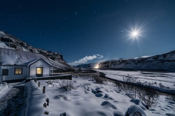 A remote Icelandic farmhouse surrounded by dramatic volcanic landscapes and cascading waterfalls, offering breathtaking views of the Northern Lights dancing across the sky, Generative AI