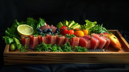 Big tuna pieces, fruit, wasabi, vegetables, leafy vegetables on a wooden tray