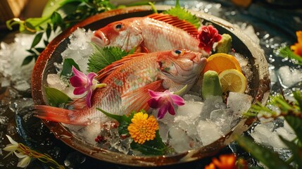 Obraz na płótnie Canvas Large pieces of fresh mixed fish sasami, lemon, wasabi, vegetables, on a bowl of ice. Close-up