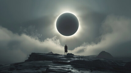 Solitary Figure Stands Amidst Awe-Inspiring Solar Eclipse in Ethereal,Cinematic Landscape