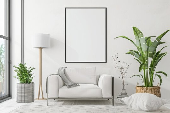 Fototapeta Scandinavian style living room with poster mockup created with generative ai
