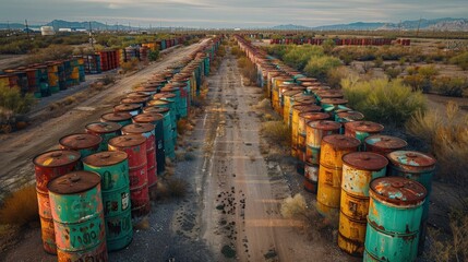 Fototapeta premium Uranium Stockpile. Overhead View of Uranium Cylinders Piled in Remote Storage Facility.