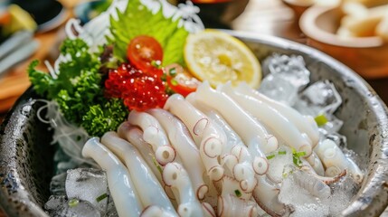 Large pieces of fresh squid sasami, lemon, wasabi, vegetables, on a bowl of ice.