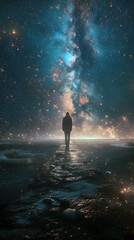Obraz premium Solitary Silhouette Traversing the Celestial Expanse:A Transcendent Journey through the Infinite Universe