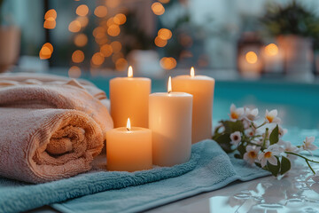 Obraz na płótnie Canvas Calming spa scene with natural color candles, promoting self-care and relaxation.