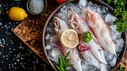 Large pieces of fresh squid sasami, lemon, wasabi, vegetables, on a bowl of ice. Top view. wide