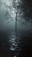 Solitary Tree Silhouetted in Ethereal Mist,Reflecting on Serene Waters of Solitude
