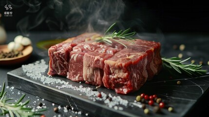 Large pieces of Wagyu, food ingredients, delicious and fragrant, top - obrazy, fototapety, plakaty