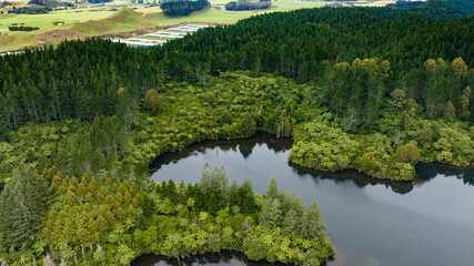Drone perspective  of Lake Mangamahoe Taranaki  surrounded by forest