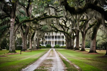 A sprawling plantation estate in the American South, with rows of majestic oak trees draped in Spanish moss and expansive verandas perfect for sipping sweet tea, Generative AI - obrazy, fototapety, plakaty