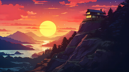house cliff with sunset view illustration