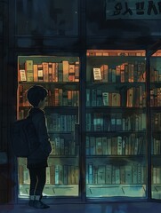 Young one peering at a bookshelf behind the store glass, empty pockets, twilight ambiance, books a treasure just out of reach
